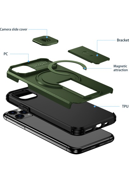 iPhone 11 Pro Için Manyetik Kılıf, Kayar Kamera Korumalı Çift Katmanlı Darbeye Dayanıklı Telefon Kılıfı, Ayarlanabilir Stand, Yeşil (Yurt Dışından) fiyatları