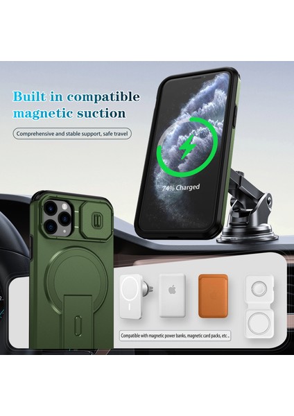 iPhone 11 Pro Için Manyetik Kılıf, Kayar Kamera Korumalı Çift Katmanlı Darbeye Dayanıklı Telefon Kılıfı, Ayarlanabilir Stand, Yeşil (Yurt Dışından) modelleri