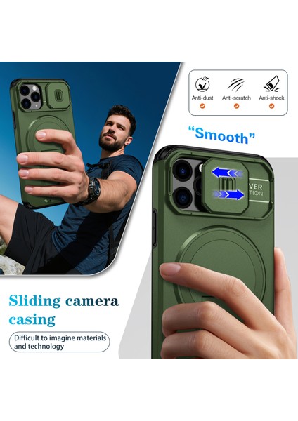 iPhone 11 Pro Için Manyetik Kılıf, Kayar Kamera Korumalı Çift Katmanlı Darbeye Dayanıklı Telefon Kılıfı, Ayarlanabilir Stand, Yeşil (Yurt Dışından) fırsatları