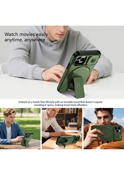 iPhone 11 Pro Için Manyetik Kılıf, Kayar Kamera Korumalı Çift Katmanlı Darbeye Dayanıklı Telefon Kılıfı, Ayarlanabilir Stand, Yeşil (Yurt Dışından) indirimleri