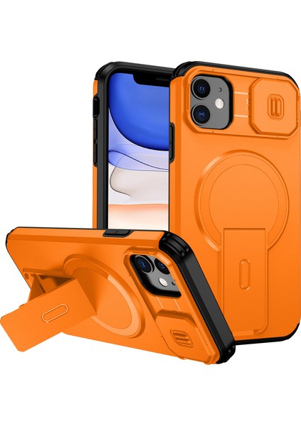 iPhone 11 Için Manyetik Kılıf, Kayar Kamera Korumalı Çift Katmanlı Darbeye Dayanıklı Telefon Kılıfı, Ayarlanabilir Stand, Turuncu (Yurt Dışından)