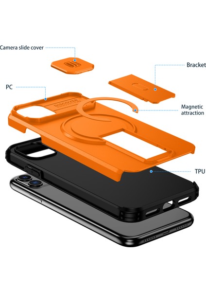 iPhone 11 Için Manyetik Kılıf, Kayar Kamera Korumalı Çift Katmanlı Darbeye Dayanıklı Telefon Kılıfı, Ayarlanabilir Stand, Turuncu (Yurt Dışından) fiyatları