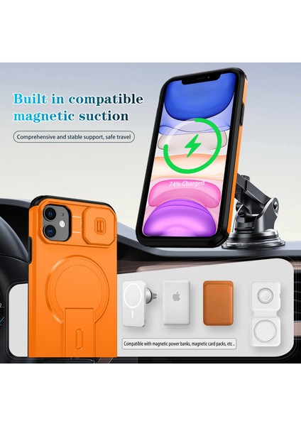 iPhone 11 Için Manyetik Kılıf, Kayar Kamera Korumalı Çift Katmanlı Darbeye Dayanıklı Telefon Kılıfı, Ayarlanabilir Stand, Turuncu (Yurt Dışından) modelleri