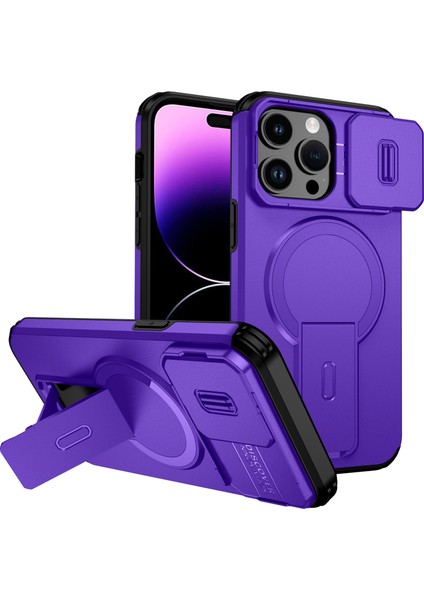 iPhone 14 Pro Max Için Manyetik Kılıf, Kayar Kamera Korumalı Çift Katmanlı Darbeye Dayanıklı Telefon Kılıfı, Ayarlanabilir Stand, Mor (Yurt Dışından)
