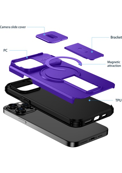 iPhone 14 Pro Max Için Manyetik Kılıf, Kayar Kamera Korumalı Çift Katmanlı Darbeye Dayanıklı Telefon Kılıfı, Ayarlanabilir Stand, Mor (Yurt Dışından) fiyatları