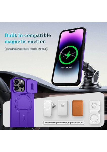 iPhone 14 Pro Max Için Manyetik Kılıf, Kayar Kamera Korumalı Çift Katmanlı Darbeye Dayanıklı Telefon Kılıfı, Ayarlanabilir Stand, Mor (Yurt Dışından) modelleri