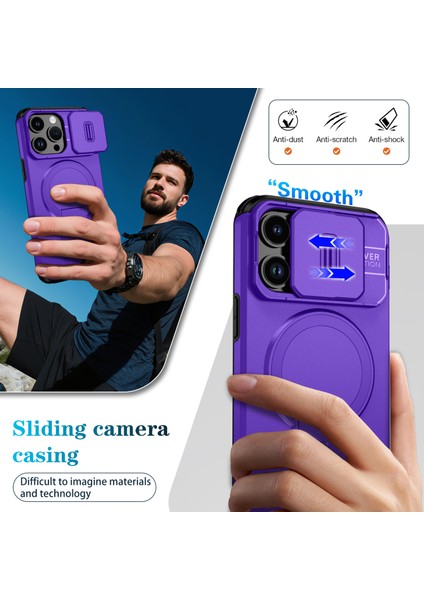 iPhone 14 Pro Max Için Manyetik Kılıf, Kayar Kamera Korumalı Çift Katmanlı Darbeye Dayanıklı Telefon Kılıfı, Ayarlanabilir Stand, Mor (Yurt Dışından) fırsatları