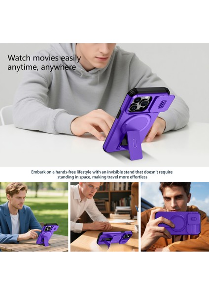 iPhone 14 Pro Max Için Manyetik Kılıf, Kayar Kamera Korumalı Çift Katmanlı Darbeye Dayanıklı Telefon Kılıfı, Ayarlanabilir Stand, Mor (Yurt Dışından) indirimleri