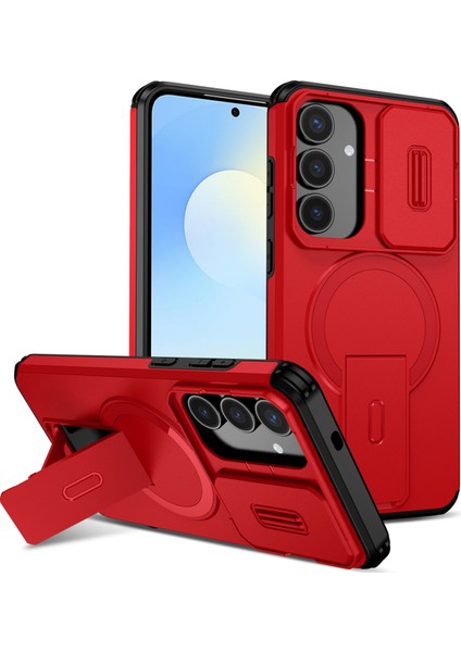 Samsung Galaxy S25 Fe Için Manyetik Kılıf, Kayar Kamera Korumalı Çift Katmanlı Darbeye Dayanıklı Telefon Kılıfı, Ayarlanabilir Stand, Kırmızı (Yurt Dışından)