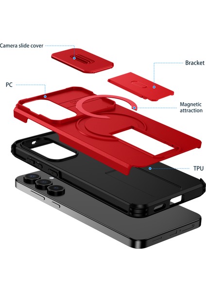 Samsung Galaxy S25 Fe Için Manyetik Kılıf, Kayar Kamera Korumalı Çift Katmanlı Darbeye Dayanıklı Telefon Kılıfı, Ayarlanabilir Stand, Kırmızı (Yurt Dışından) fiyatları