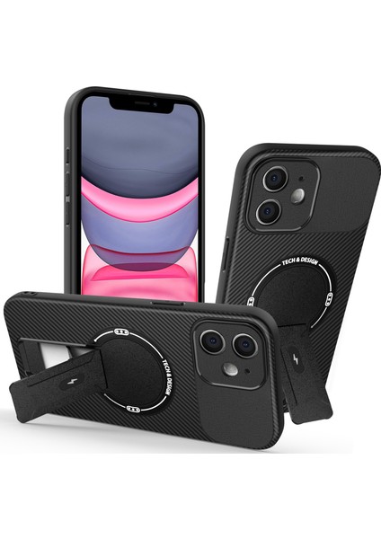 iPhone 12 Için Manyetik Kılıf, Karbon Fiber Tasarım, Standlı Tpu Hibrit Telefon Kılıfı, Siyah (Yurt Dışından)