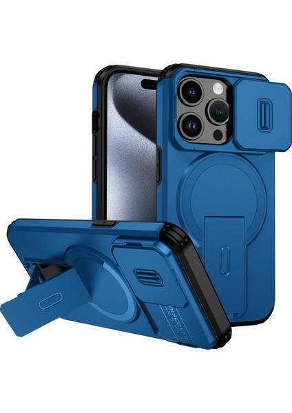 iPhone 15 Pro Için Manyetik Kılıf, Kayar Kamera Korumalı Çift Katmanlı Darbeye Dayanıklı Telefon Kılıfı, Ayarlanabilir Stand, Mavi (Yurt Dışından)