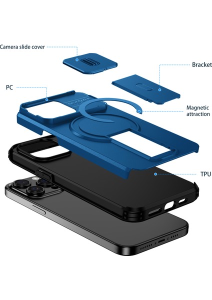 iPhone 15 Pro Için Manyetik Kılıf, Kayar Kamera Korumalı Çift Katmanlı Darbeye Dayanıklı Telefon Kılıfı, Ayarlanabilir Stand, Mavi (Yurt Dışından) fiyatları