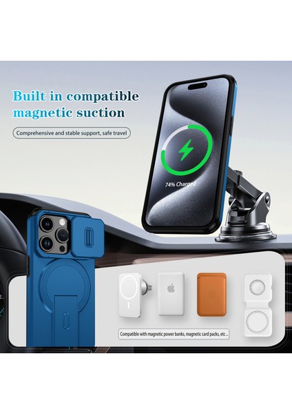 iPhone 15 Pro Için Manyetik Kılıf, Kayar Kamera Korumalı Çift Katmanlı Darbeye Dayanıklı Telefon Kılıfı, Ayarlanabilir Stand, Mavi (Yurt Dışından) modelleri