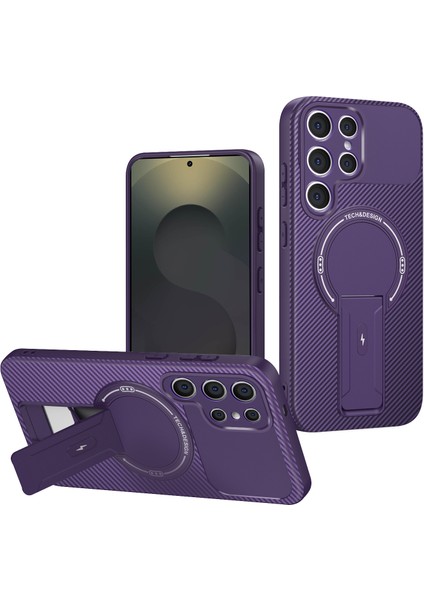 Samsung Galaxy S24 Ultra Manyetik Karbon Fiber Tasarım Tpu Hibrit Telefon Kılıfı ve Standı Mor (Yurt Dışından)