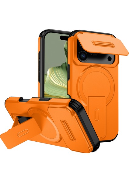 iPhone 17 Pro Için Manyetik Kılıf, Kayar Kamera Korumalı Çift Katmanlı Darbeye Dayanıklı Telefon Kılıfı, Ayarlanabilir Stand, Turuncu (Yurt Dışından)