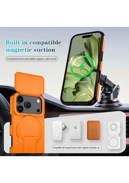 iPhone 17 Pro Için Manyetik Kılıf, Kayar Kamera Korumalı Çift Katmanlı Darbeye Dayanıklı Telefon Kılıfı, Ayarlanabilir Stand, Turuncu (Yurt Dışından) modelleri