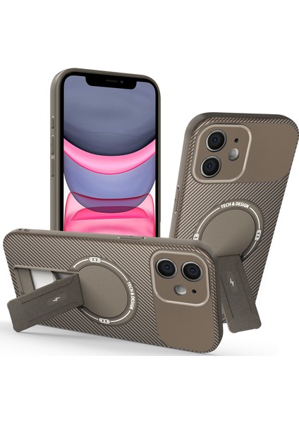 iPhone 12 Için Manyetik Kılıf, Karbon Fiber Tasarım, Standlı Tpu Hibrit Telefon Kılıfı, Kahverengi (Yurt Dışından)