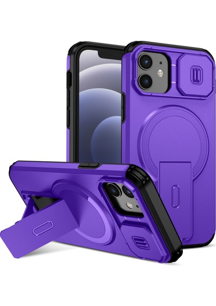 iPhone 12/iphone 12 Pro Için Manyetik Kılıf, Kayar Kamera Korumalı Çift Katmanlı Darbeye Dayanıklı Telefon Kılıfı, Ayarlanabilir Stand, Mor (Yurt Dışından)
