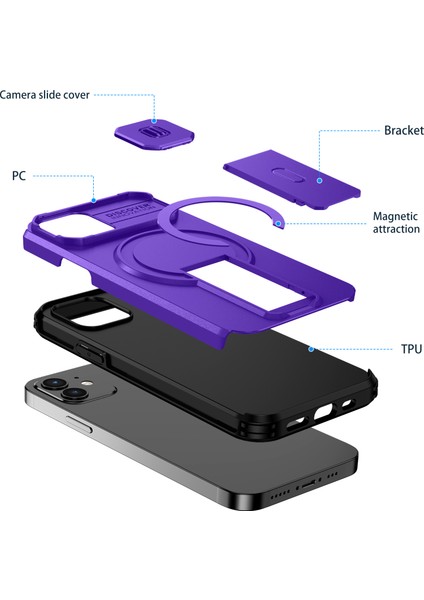 iPhone 12/iphone 12 Pro Için Manyetik Kılıf, Kayar Kamera Korumalı Çift Katmanlı Darbeye Dayanıklı Telefon Kılıfı, Ayarlanabilir Stand, Mor (Yurt Dışından) fiyatları