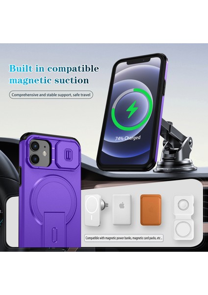 iPhone 12/iphone 12 Pro Için Manyetik Kılıf, Kayar Kamera Korumalı Çift Katmanlı Darbeye Dayanıklı Telefon Kılıfı, Ayarlanabilir Stand, Mor (Yurt Dışından) modelleri