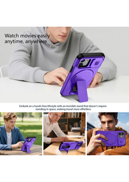 iPhone 12/iphone 12 Pro Için Manyetik Kılıf, Kayar Kamera Korumalı Çift Katmanlı Darbeye Dayanıklı Telefon Kılıfı, Ayarlanabilir Stand, Mor (Yurt Dışından) indirimleri