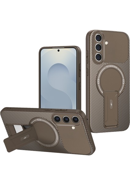 Samsung Galaxy S24+/S25+ Için Standlı Manyetik Karbon Fiber Tasarım Tpu Hibrit Telefon Kılıfı, Kahverengi (Yurt Dışından)