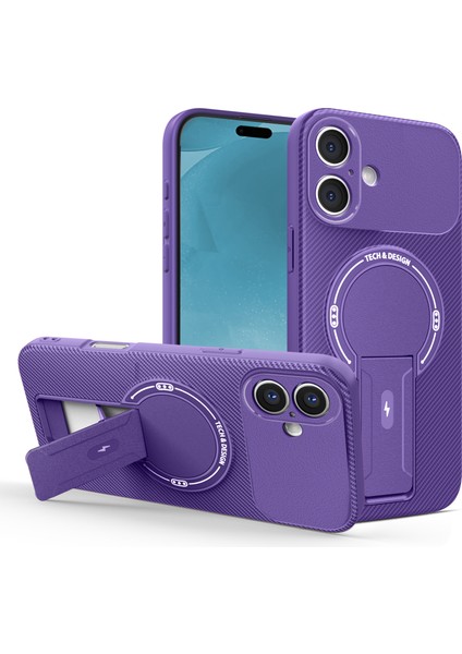 iPhone 16 Plus Için Manyetik Kılıf, Karbon Fiber Tasarım, Standlı Tpu Hibrit Telefon Kılıfı, Mor (Yurt Dışından)