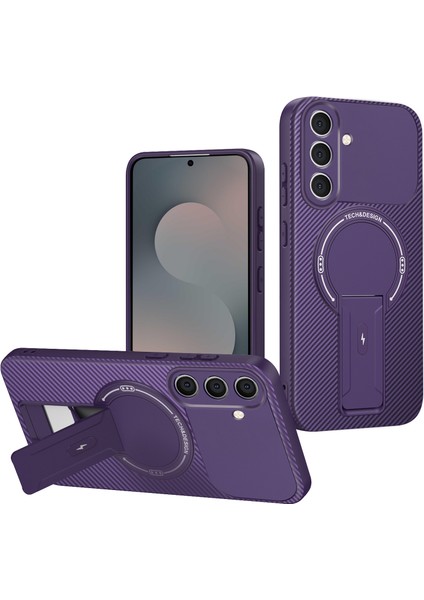 Samsung Galaxy S25 Fe Için Manyetik Kılıf, Standlı Karbon Fiber Tasarımlı Tpu Hibrit Telefon Kılıfı, Mor (Yurt Dışından)
