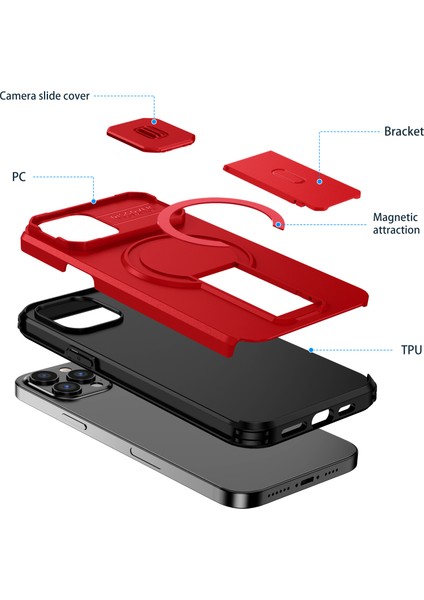 iPhone 12 Pro Max Için Manyetik Kılıf, Kayar Kamera Korumalı Çift Katmanlı Darbeye Dayanıklı Telefon Kılıfı, Ayarlanabilir Stand, Kırmızı (Yurt Dışından) fiyatları