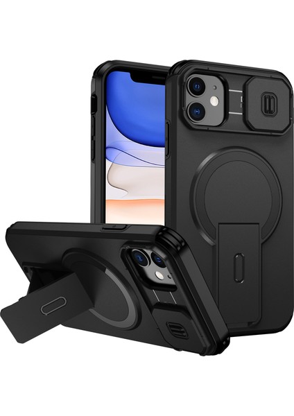 iPhone 11 Için Manyetik Kılıf, Kayar Kamera Korumalı Çift Katmanlı Darbeye Dayanıklı Telefon Kılıfı, Ayarlanabilir Stand, Siyah (Yurt Dışından)