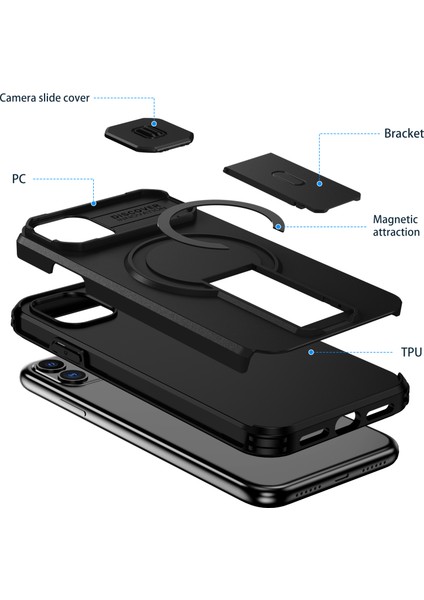 iPhone 11 Için Manyetik Kılıf, Kayar Kamera Korumalı Çift Katmanlı Darbeye Dayanıklı Telefon Kılıfı, Ayarlanabilir Stand, Siyah (Yurt Dışından) fiyatları
