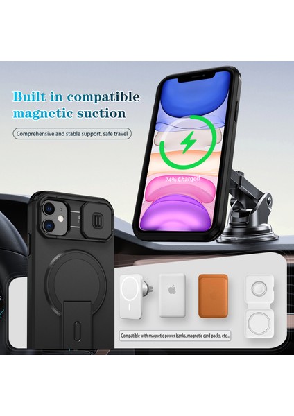 iPhone 11 Için Manyetik Kılıf, Kayar Kamera Korumalı Çift Katmanlı Darbeye Dayanıklı Telefon Kılıfı, Ayarlanabilir Stand, Siyah (Yurt Dışından) modelleri