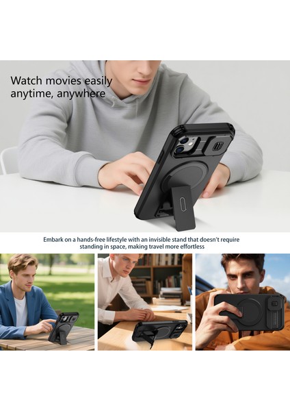 iPhone 11 Için Manyetik Kılıf, Kayar Kamera Korumalı Çift Katmanlı Darbeye Dayanıklı Telefon Kılıfı, Ayarlanabilir Stand, Siyah (Yurt Dışından) indirimleri