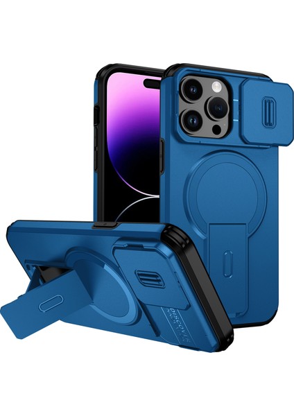 iPhone 14 Pro Max Için Manyetik Kılıf, Kayar Kamera Korumalı Çift Katmanlı Darbeye Dayanıklı Telefon Kılıfı, Ayarlanabilir Stand, Mavi (Yurt Dışından)