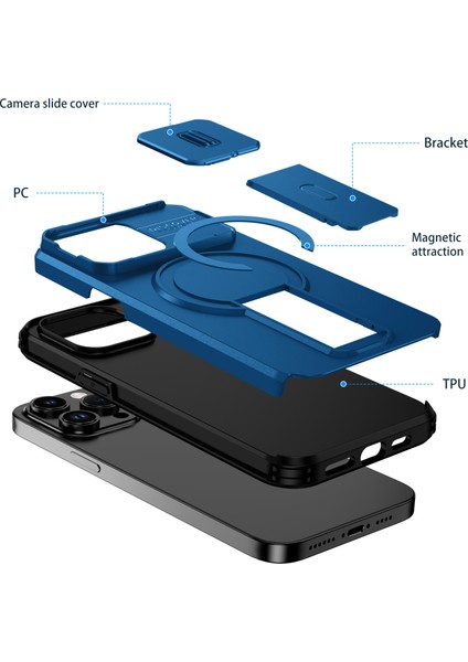 iPhone 14 Pro Max Için Manyetik Kılıf, Kayar Kamera Korumalı Çift Katmanlı Darbeye Dayanıklı Telefon Kılıfı, Ayarlanabilir Stand, Mavi (Yurt Dışından) fiyatları