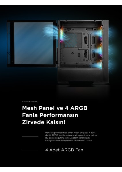 Inspirer Mesh Siyah 4X120MM Argb Fanlı 650W 80Plus Midt- Atx Gaming Oyuncu Kasası