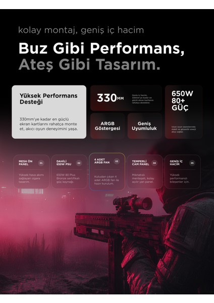 Inspirer Mesh Siyah 4X120MM Argb Fanlı 650W 80Plus Midt- Atx Gaming Oyuncu Kasası