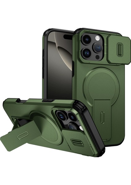 iPhone 16 Pro Max Için Manyetik Kılıf, Kayar Kamera Korumalı Çift Katmanlı Darbeye Dayanıklı Telefon Kılıfı, Ayarlanabilir Stand, Yeşil (Yurt Dışından)