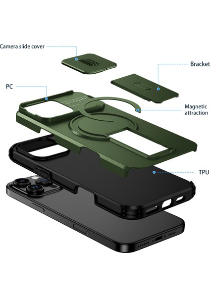 iPhone 16 Pro Max Için Manyetik Kılıf, Kayar Kamera Korumalı Çift Katmanlı Darbeye Dayanıklı Telefon Kılıfı, Ayarlanabilir Stand, Yeşil (Yurt Dışından) fiyatları