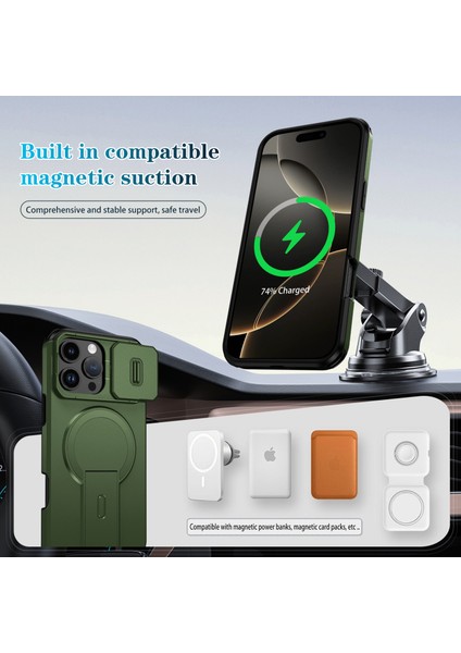 iPhone 16 Pro Max Için Manyetik Kılıf, Kayar Kamera Korumalı Çift Katmanlı Darbeye Dayanıklı Telefon Kılıfı, Ayarlanabilir Stand, Yeşil (Yurt Dışından) modelleri