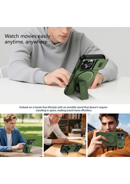 iPhone 16 Pro Max Için Manyetik Kılıf, Kayar Kamera Korumalı Çift Katmanlı Darbeye Dayanıklı Telefon Kılıfı, Ayarlanabilir Stand, Yeşil (Yurt Dışından) indirimleri