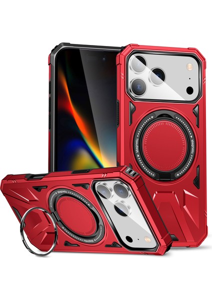 iPhone 17 Pro Max Için Magsafe ile Uyumlu Kılıf, Çift Katmanlı Sağlam Koruyucu Kılıf, Manyetik Halka Standı Kırmızı (Yurt Dışından)