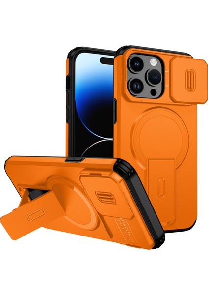 iPhone 14 Pro Için Manyetik Kılıf, Kayar Kamera Korumalı Çift Katmanlı Darbeye Dayanıklı Telefon Kılıfı, Ayarlanabilir Stand, Turuncu (Yurt Dışından)