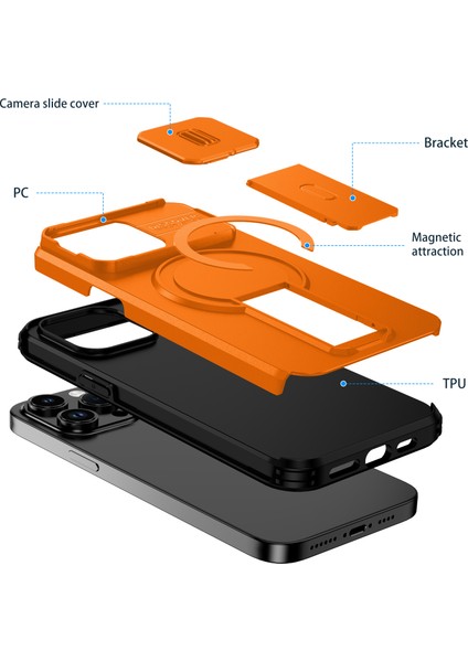 iPhone 14 Pro Için Manyetik Kılıf, Kayar Kamera Korumalı Çift Katmanlı Darbeye Dayanıklı Telefon Kılıfı, Ayarlanabilir Stand, Turuncu (Yurt Dışından) fiyatları