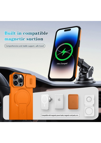 iPhone 14 Pro Için Manyetik Kılıf, Kayar Kamera Korumalı Çift Katmanlı Darbeye Dayanıklı Telefon Kılıfı, Ayarlanabilir Stand, Turuncu (Yurt Dışından) modelleri