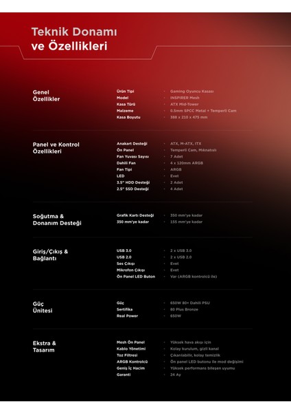 Inspirer Mesh Beyaz 4X120MM Argb Fanlı 650W 80Plus Midt- Atx Gaming Oyuncu Kasası modelleri
