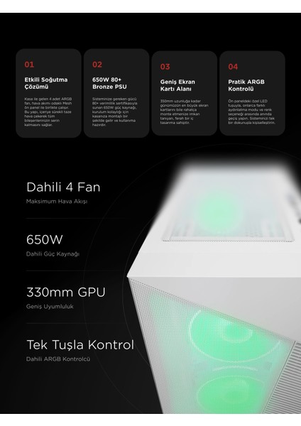 Inspirer Mesh Beyaz 4X120MM Argb Fanlı 650W 80Plus Midt- Atx Gaming Oyuncu Kasası