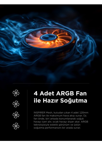 Inspirer Mesh Beyaz 4X120MM Argb Fanlı 650W 80Plus Midt- Atx Gaming Oyuncu Kasası