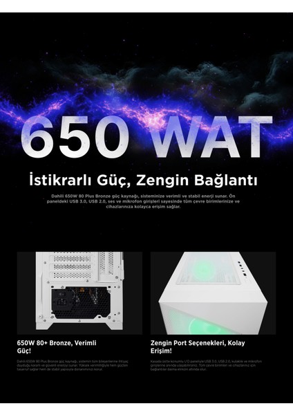 Inspirer Mesh Beyaz 4X120MM Argb Fanlı 650W 80Plus Midt- Atx Gaming Oyuncu Kasası
